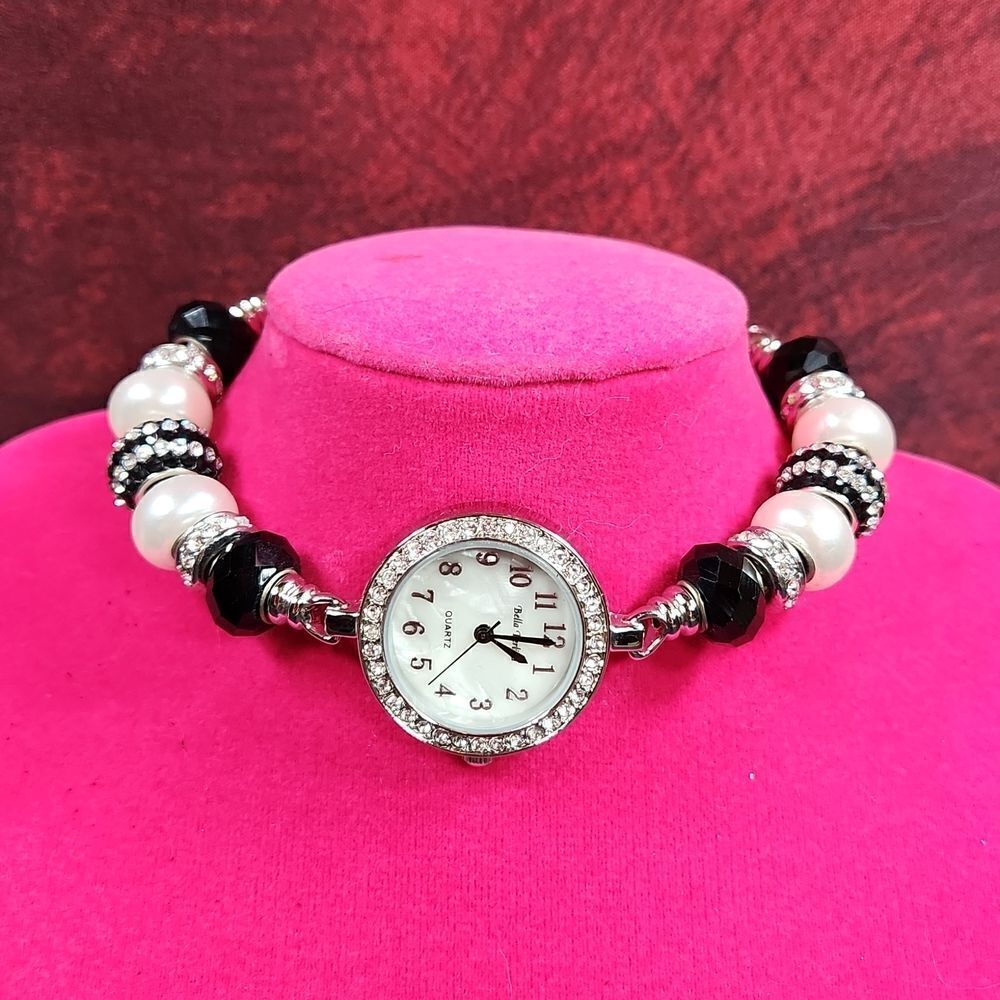 💜NWOB Bella Perlina Bead & Rhinestone Charm Bracelet Watch